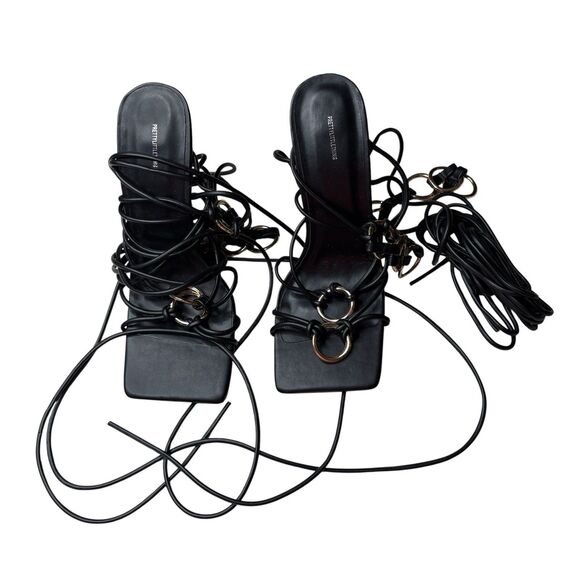 PrettyLittleThing Shoes - Pretty Little Thing Black Square Toe Stylish Lace Up Silver High Heels 4" Size 6